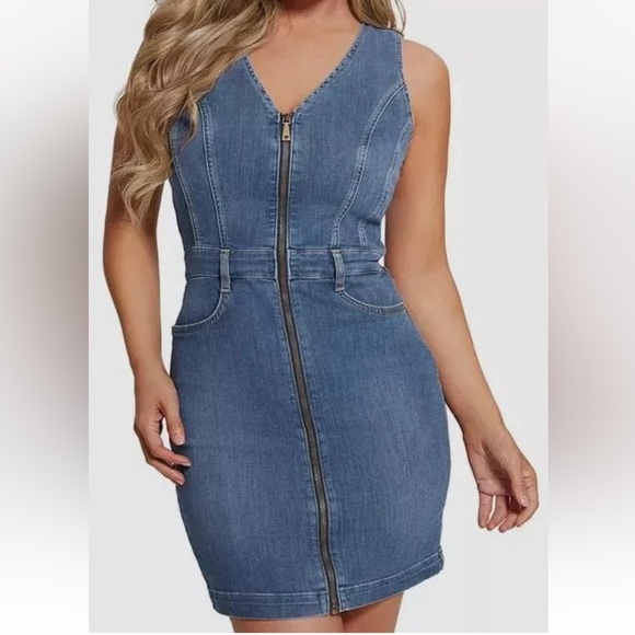 New Guess Women's Blue Micol Denim Zip-Front Bodycon Dress Sz M Classic Festival - Picture 1 of 16